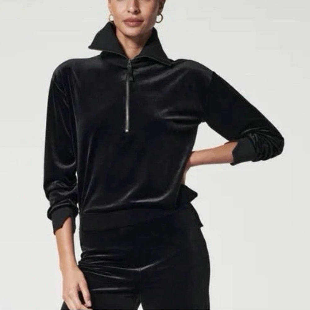 SPANX Black Velvet Half Zip Lounge Sweatshirt Ribbed Collared Women's Size L B05
